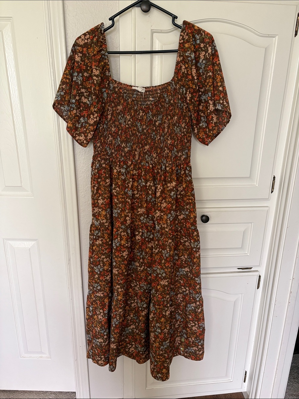 mine Brown Floral Midi Dress with Blue and Rust Accents